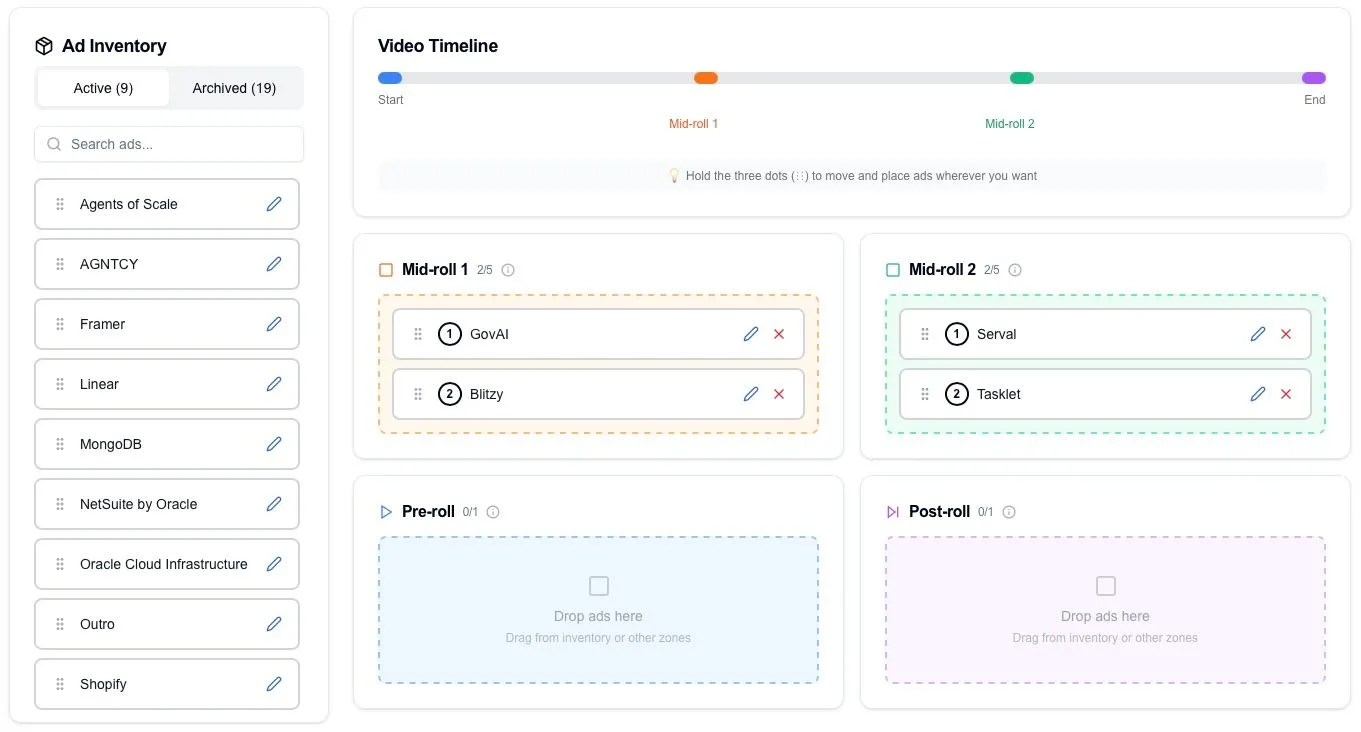AIP sponsor operations interface with an ad inventory and a video timeline for managing placements